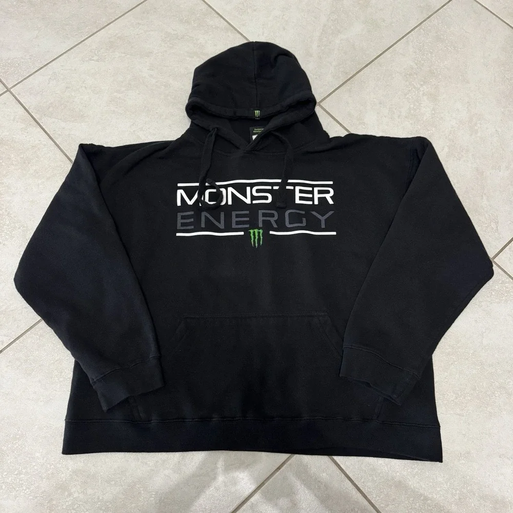 Monster‎ Energy Hoodie Mens L Black Spell Out Boxy Fit Sweatshirt Drawstring